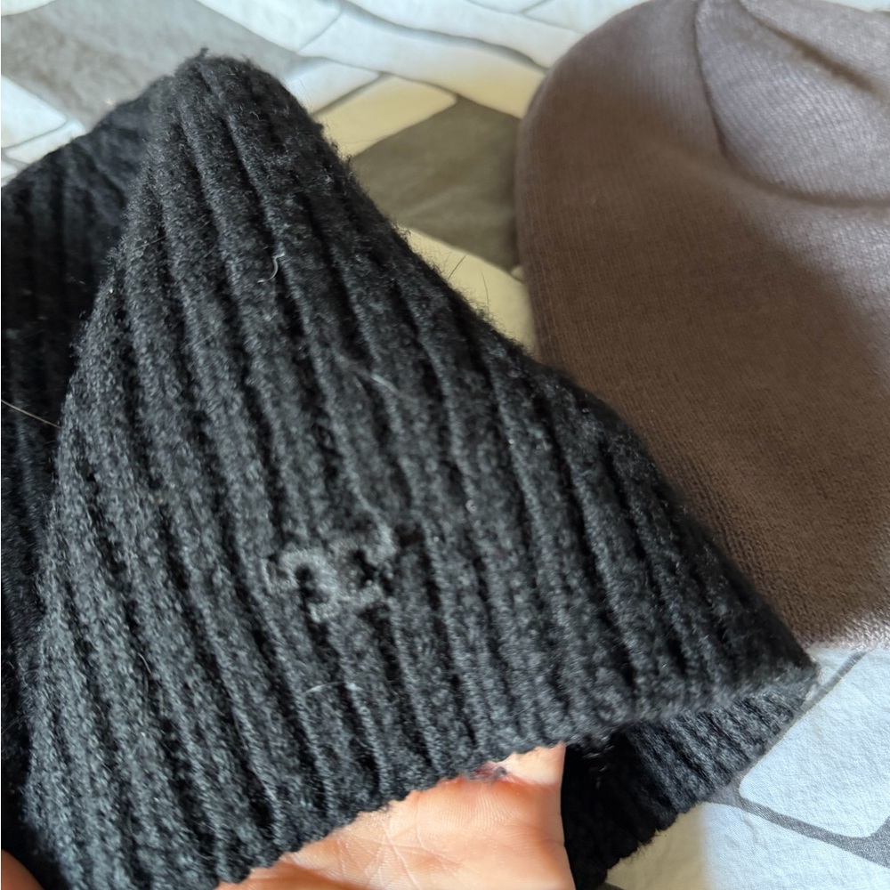 Tory Burch Black and Taupe Knit Beanie Duo. One TB one no brand - Picture 2 of 4